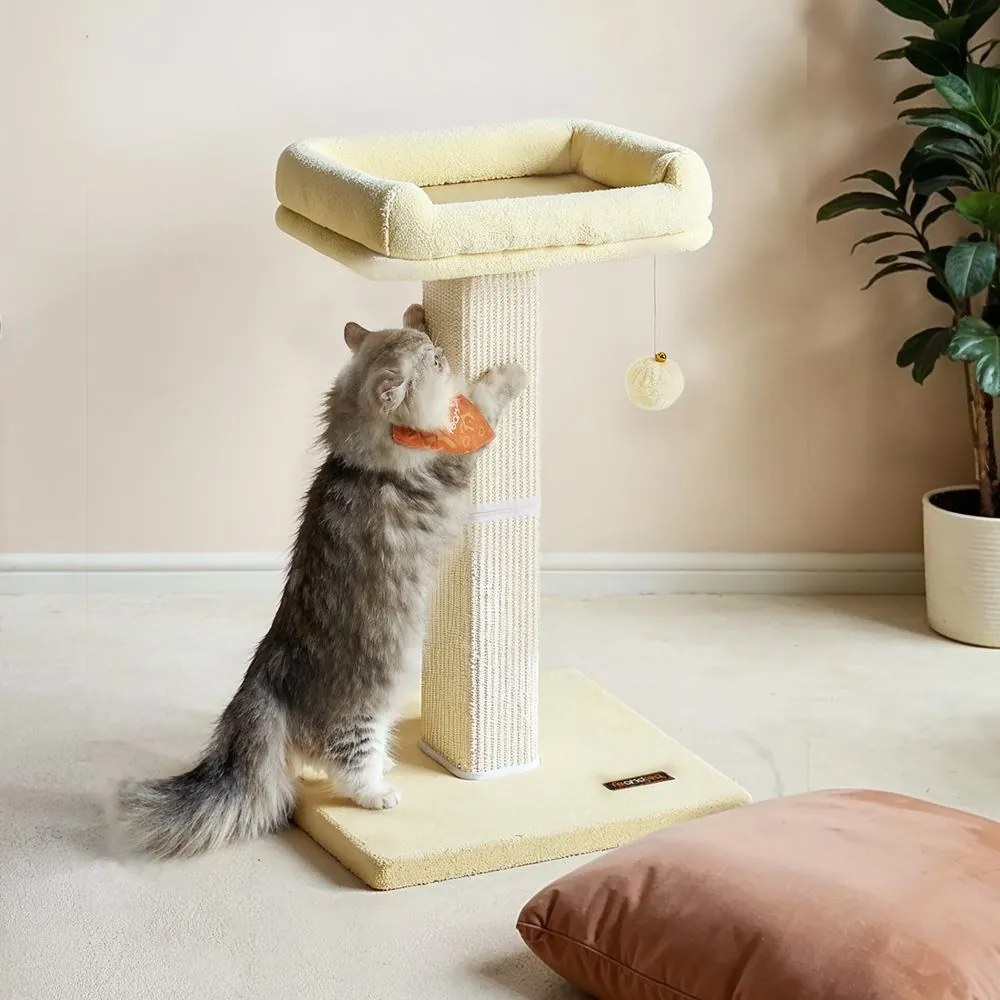 Arranhador para gatos com plataforma de pelúcia de 40 x 30 cm e tronco para arranhar 45 x 40 x 71 cm bege