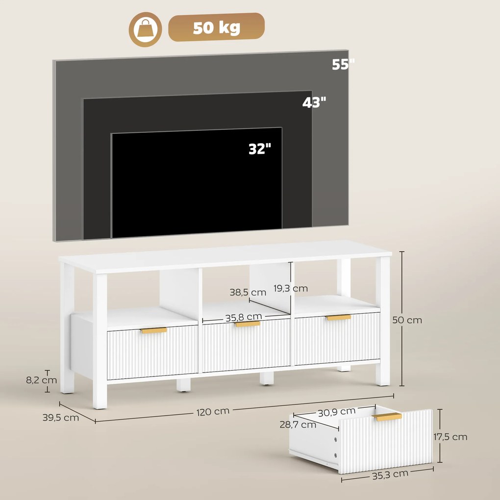 Móvel de TV Moderno com 3 Gavetas e 3 Prateleiras Abertas para Televisores de 43-55 Polegadas 120x39,5x50 cm Branco
