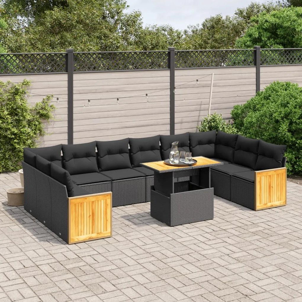 vidaXL 11 pcs conjunto sofás de jardim c/ almofadões vime PE preto