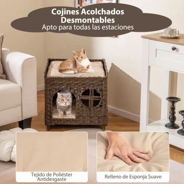 Casa de rattan para gatos de 2 andares com caverna escondida, plataforma superior e 2 almofadas macias castanho.