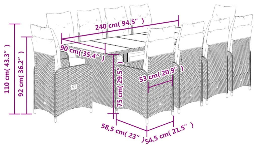 11 pcs conjunto bistrô de jardim c/ almofadões vime PE cinzento