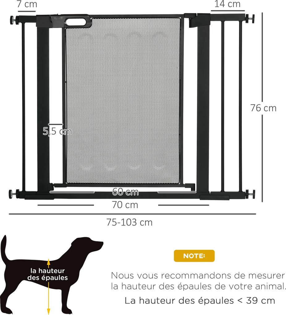 Barreira de segurança para animais de estimação com fecho automático de dupla bloqueio, largura 75-103 cm, preta