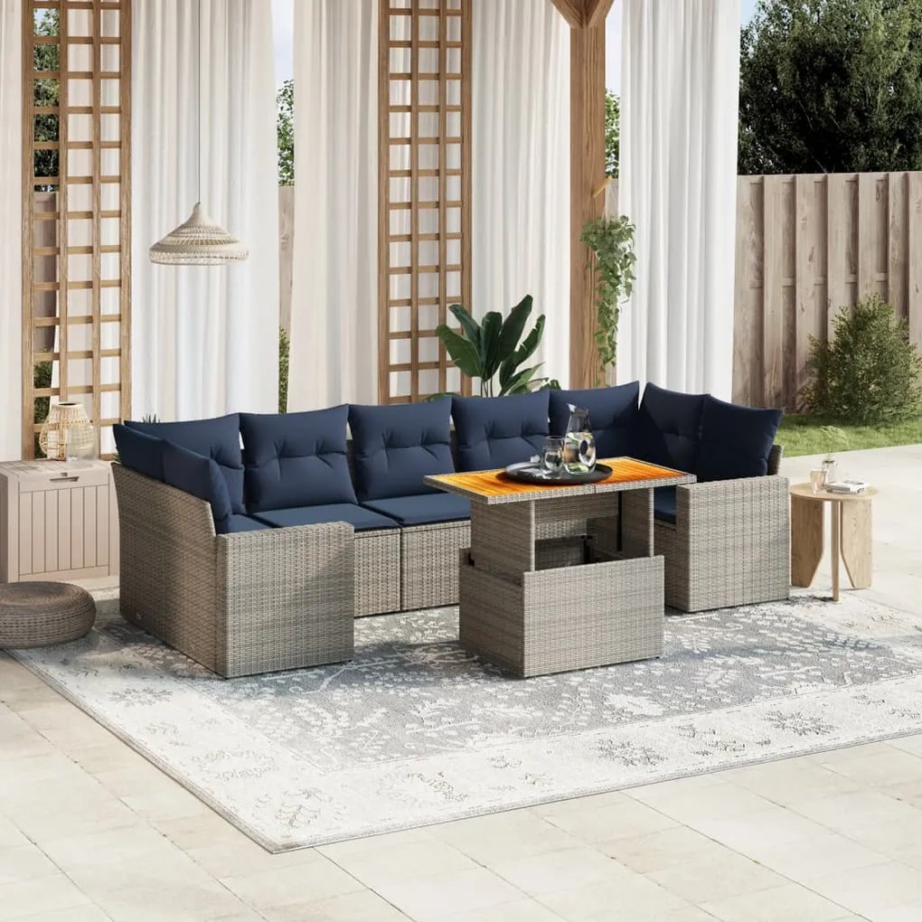 vidaXL 8 pcs conjunto sofás p/ jardim c/ almofadões vime PE cinzento