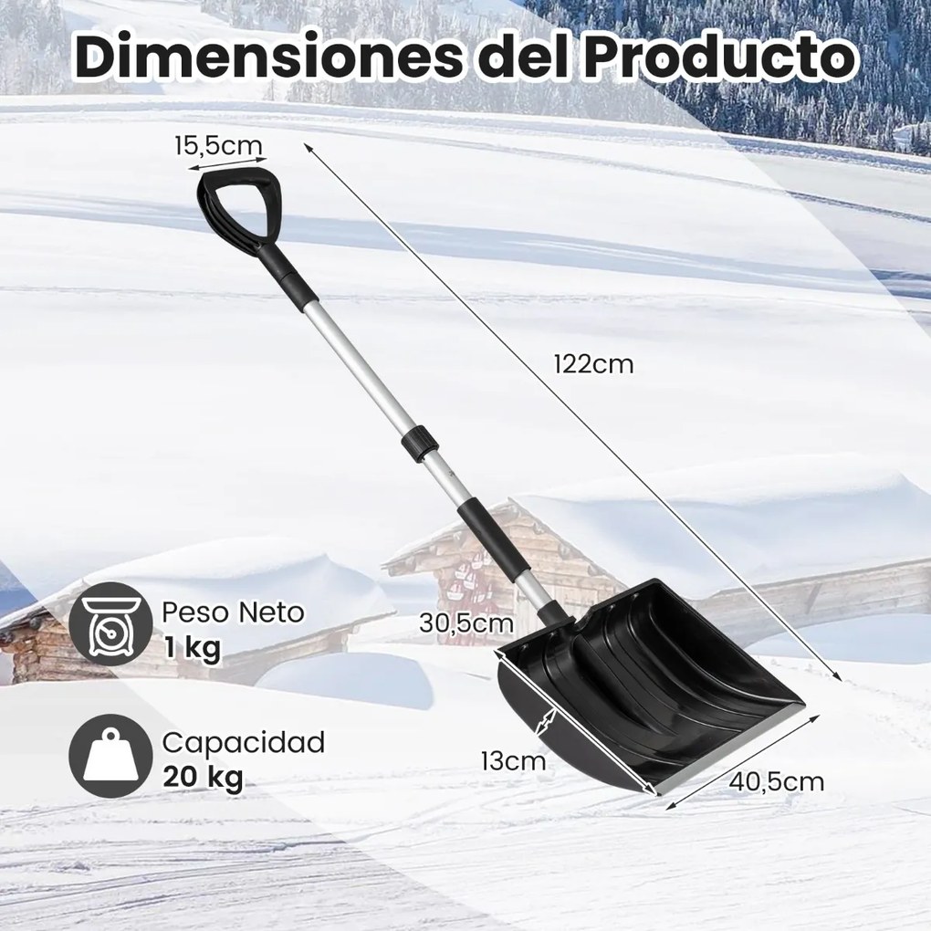 Pá de Neve, 40,5 x 13 x 122 cm, Lâmina Larga com Bordo de Alumínio, Preto
