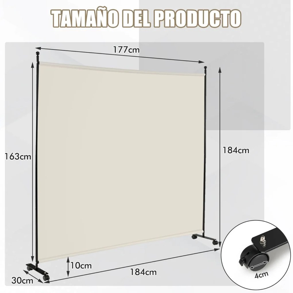 Biombo Divisória de ambientes 184 x 30 x 184 cm com painel único, tela de privacidade larga com rodas bloqueáveis branca