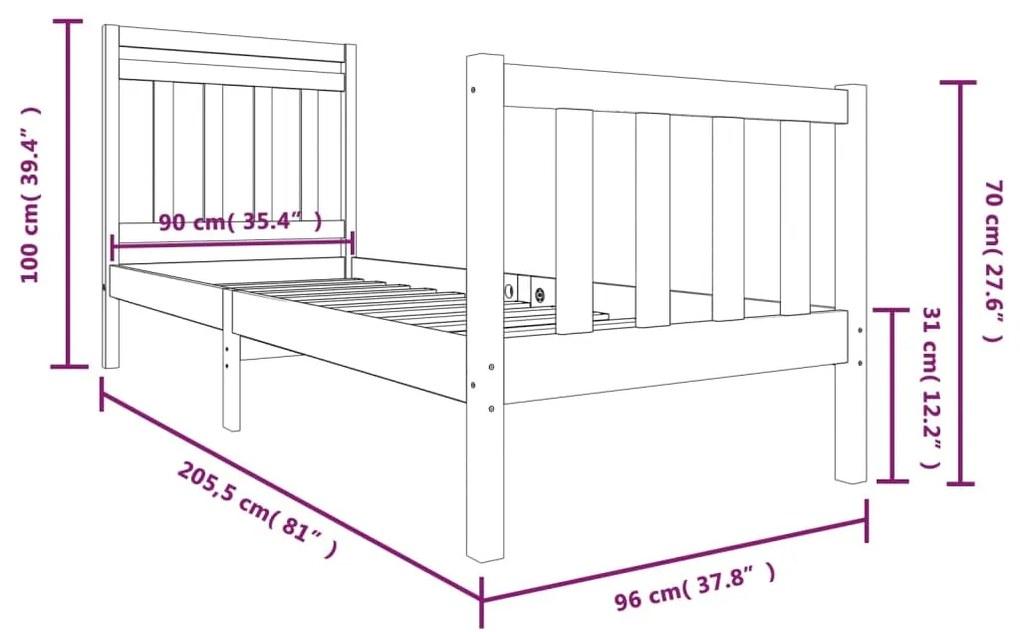 Estrutura de cama 90 x 200 cm madeira maciça