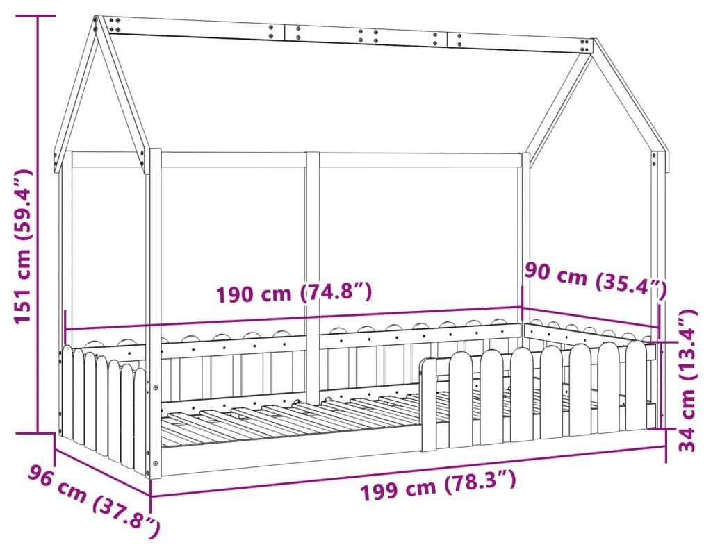 Cama infantil formato de casa 90x190 cm pinho maciço branco