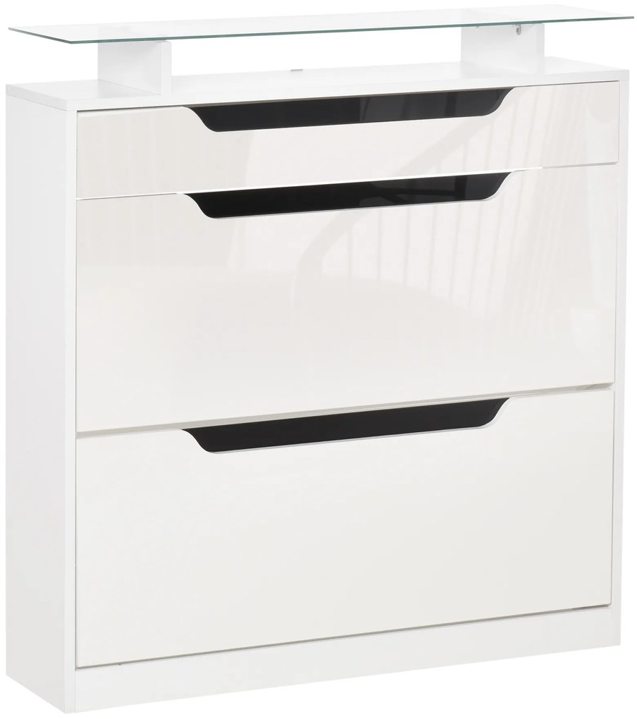 HOMCOM Móvel Sapateira de 2 Portas Sapateira Estreito para 16 Pares de Sapatos com Gaveta Prateleira Aberta e Bancada de Vidro para Corredor Entrada 89x23x96cm Branco