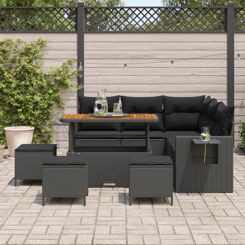 Conjunto de Sofá de Jardim de 9 Peças com Almofadas - Rattan Poliéster