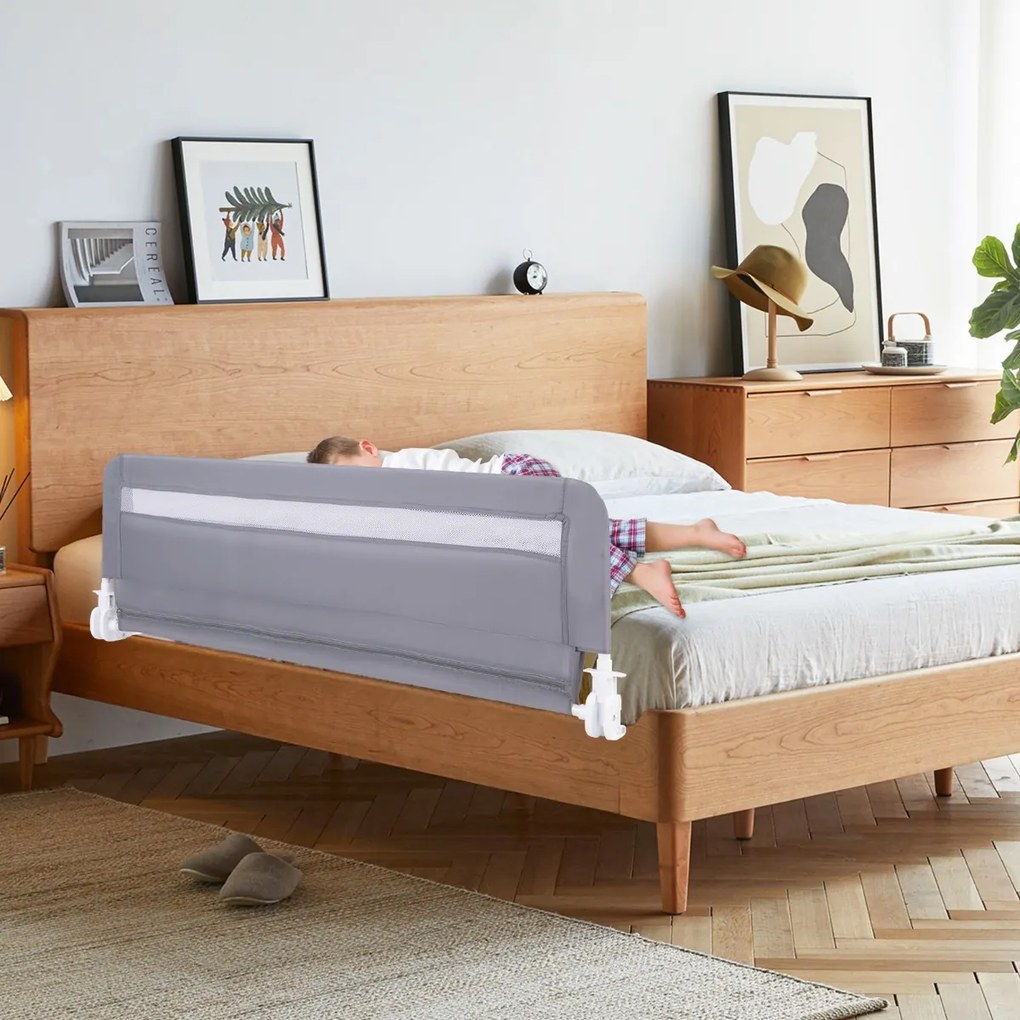 Barreira de Cama para Crianças Dobrável de 120 cm com Capa Removível e Lavável e Correia de Segurança Cinzento