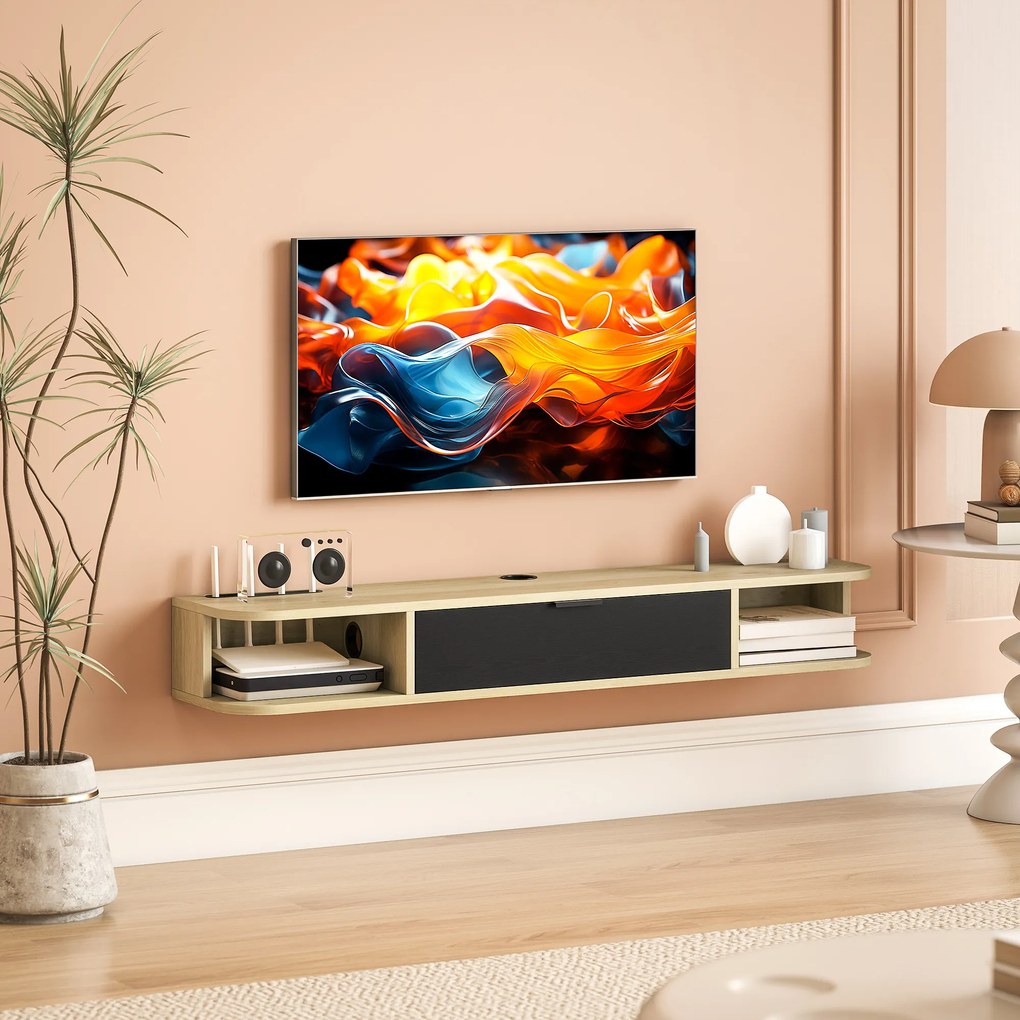 Móvel de TV suspenso 120 x 24 x 16 cm, móvel para televisores até 50 polegadas, com gaveta rebatível e 2 prateleiras, preto e castanho