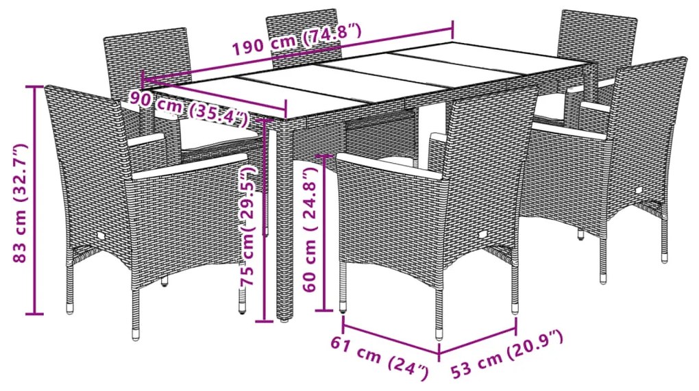 7 pcs conjunto jantar jardim com almofadões vime PE/vidro bege