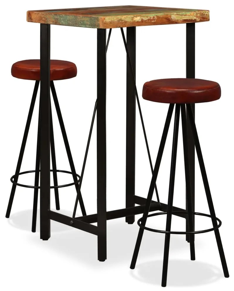vidaXL Conjunto de bar 3 pcs madeira recuperada maciça e couro genuíno