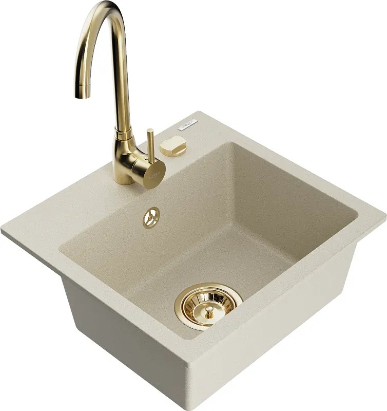 Mexen Milo lava-louça de granito de 1 cuba com torneira de cozinha Telma, bege - 6505-69-670200-50