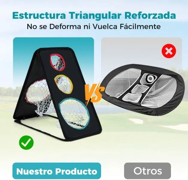 Rede de golfe para chip de dupla face Sistema de treino de triplo objetivo com 5 buracos Estrutura triangular Acessórios Preto