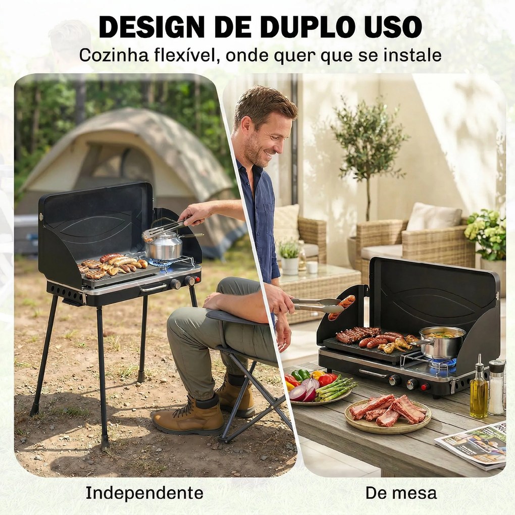 Grelhador a Gás Portátil 2 em 1 Barbecue a Gás Propano 20.000 BTU de Mesa ou de Pé 61x47x88 cm Preto
