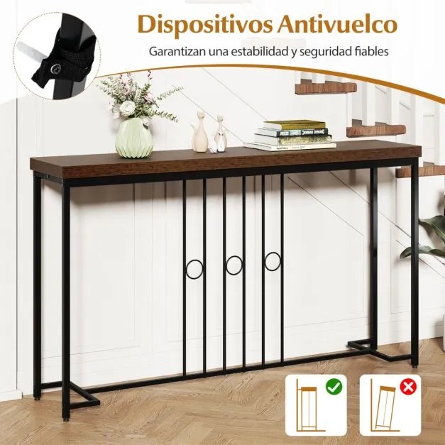 Mesa Consola 140 x 30 x 81 cm Industrial Base H e Tampo para Entrada, hall Castanho Rústico e Preto