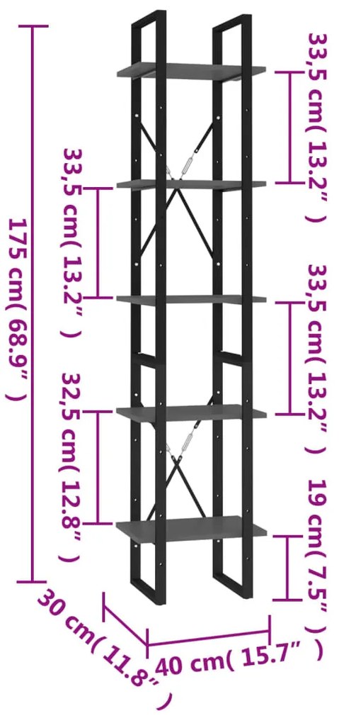 Estante 5 prateleiras 40x30x175 cm derivados madeira cinza
