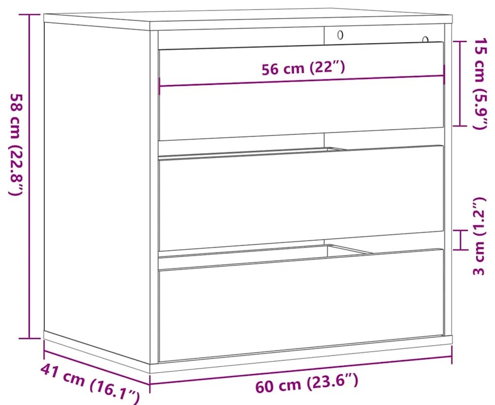 Cómoda com 3 Gavetas - 60x41x58 cm - derivados de madeira - preto