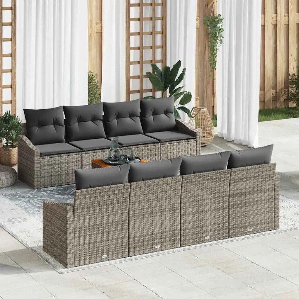 vidaXL Conjunto de Sofá de Jardim de 9 Peças com Almofadas Cinzas de Rattan Sintético e Acácia