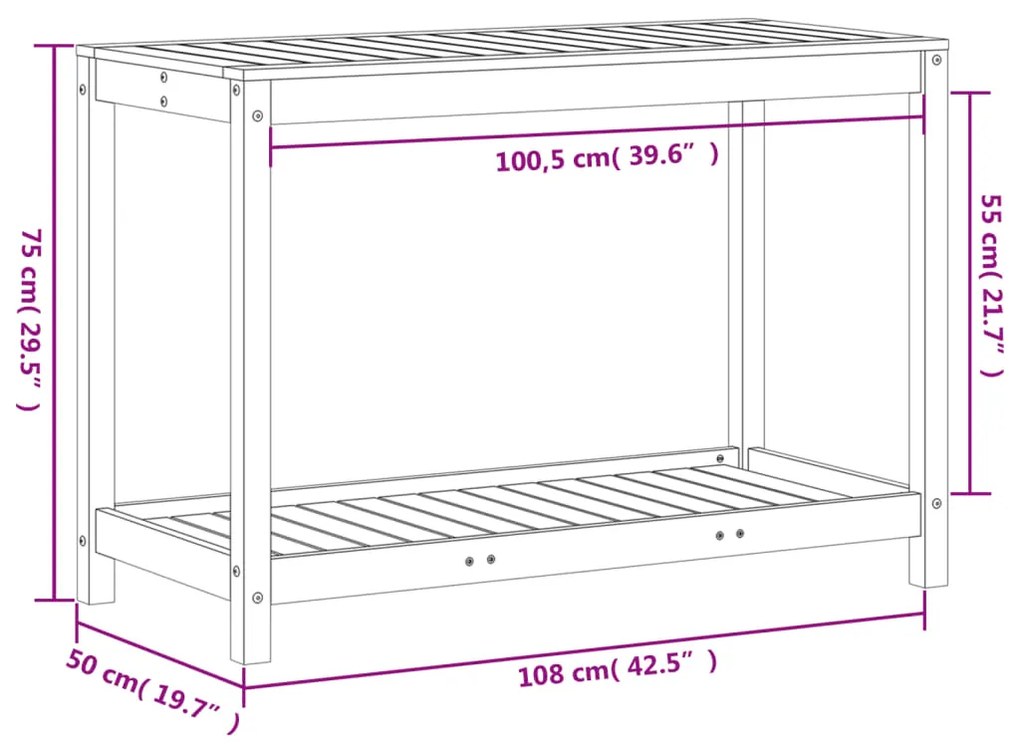 Mesa de jardinagem com prateleira 108x50x75 cm pinho maciço