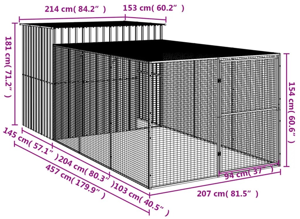 Casota cães c/ parque 214x457x181 cm aço galvaniz. cinza-claro