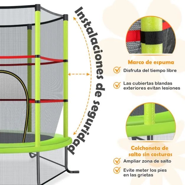 Trampolim para crianças 165 cm com rede de segurança e almofada de mola recreativa Estrutura em aço Verde