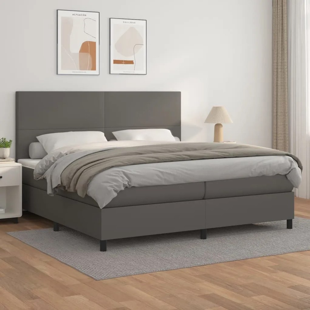 Cama com molas/colchão 200x200 cm couro artificial cinzento