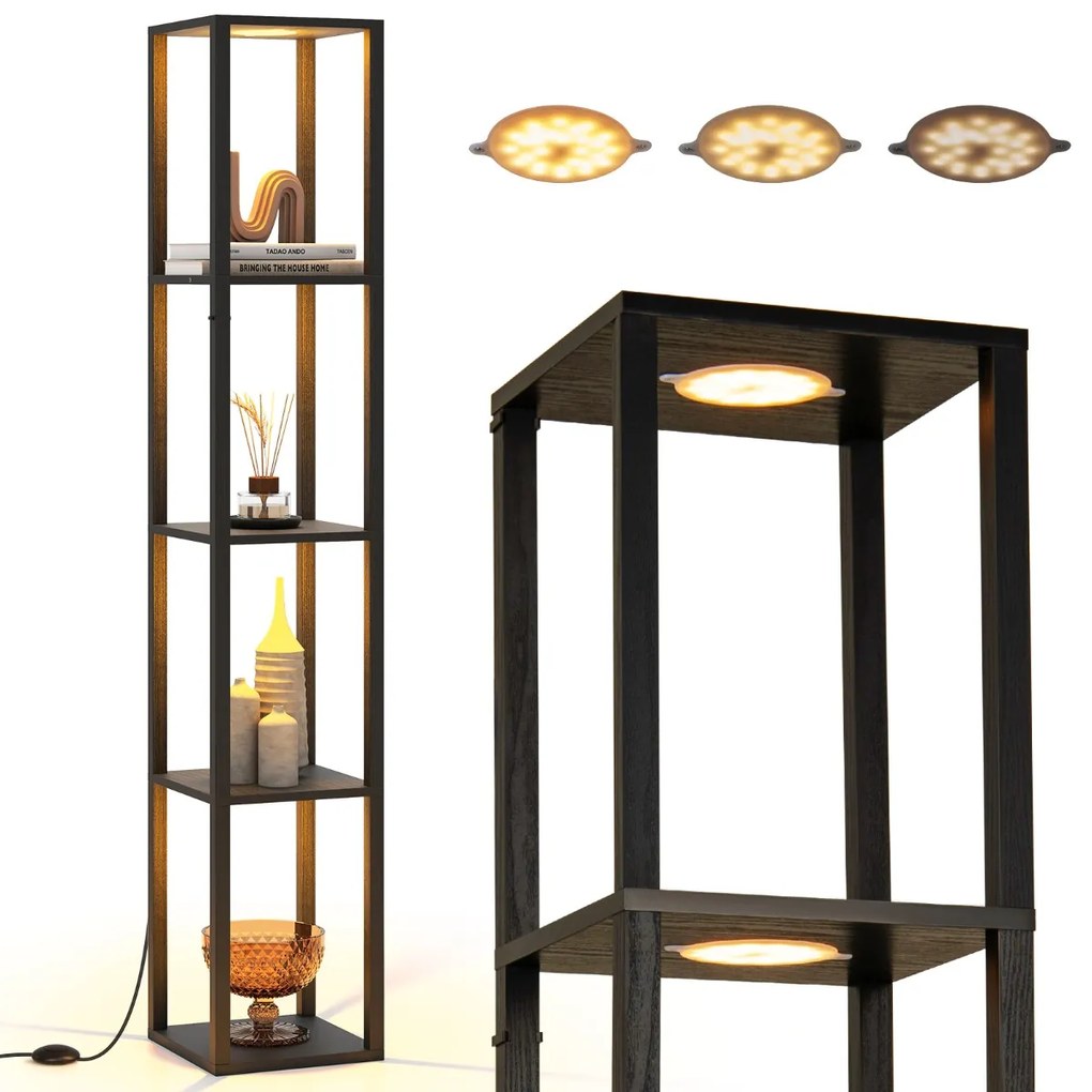 Candeeiro de pé 29 x 29 x 165 cm com prateleiras de 4 níveis Luz LED com 3 intensidades e interruptor de pé para quarto ou sala Preto