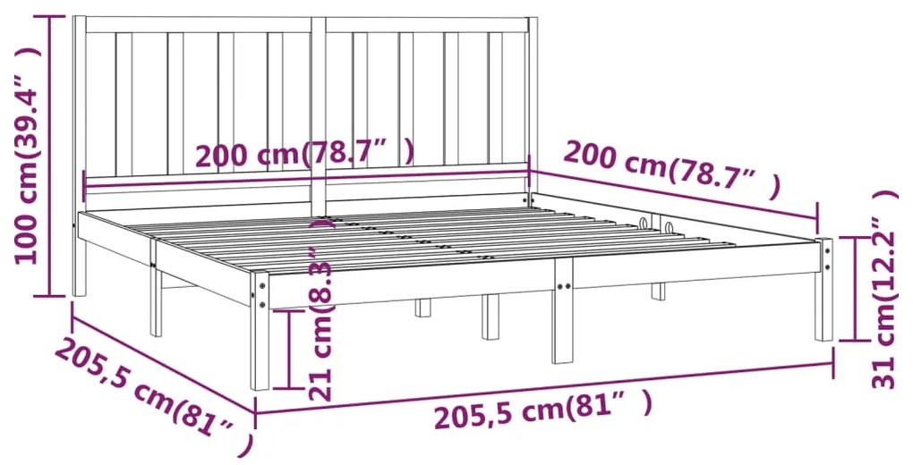 Estrutura de cama 200x200 cm pinho maciço cinzento