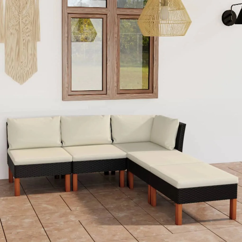 5 pcs conjunto lounge de jardim c/ almofadões vime PE preto