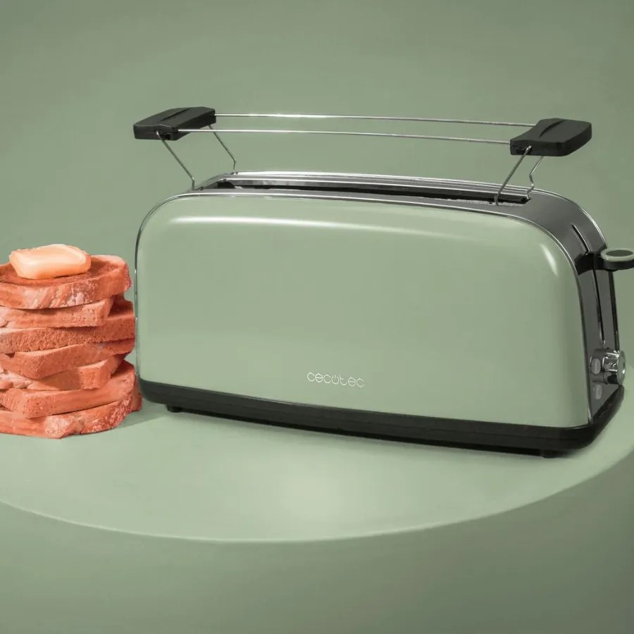 Torradeira vertical Toastin' time 850 Green Long de aço com ranhura longa e suporte para pãezinhos