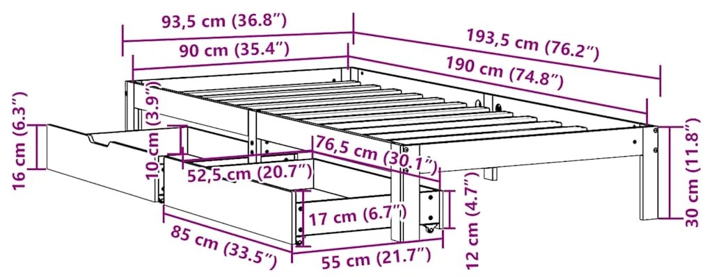 Estrutura de cama c/ gavetas 90x190cm pinho maciço castanho-mel