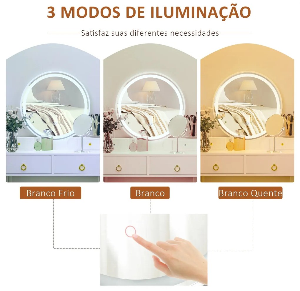 Toucador com Espelho com Luz LED e Banco Conjunto de Mesa de Maquilhagem com 4 Gavetas de Armazenamento para Dormitório 80x40x133cm Branco