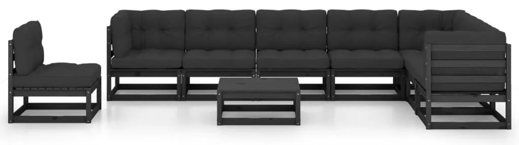 9pcs conjunto longue de jardim c/ almofadões pinho maciço preto
