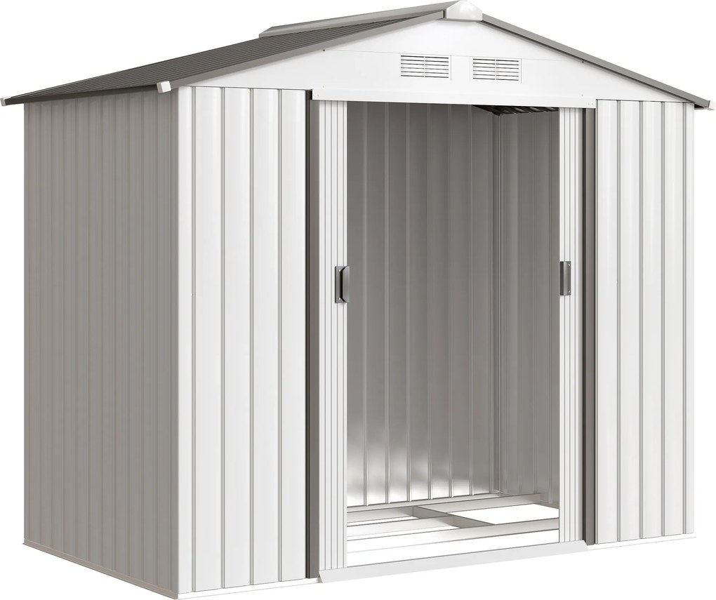 Outsunny Abrigo de Jardim Metálico de Exterior 213x130x185 cm Abrigo de Jardim com 2 Portas Deslizantes e 4 Janelas Branco e Cinza | Aosom Portugal