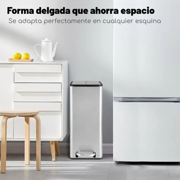 Caixote do lixo em aço inoxidável de 46 L com tampas de asa de fecho suave Caixote do lixo interior amovível para sala de estar Escritório Prata