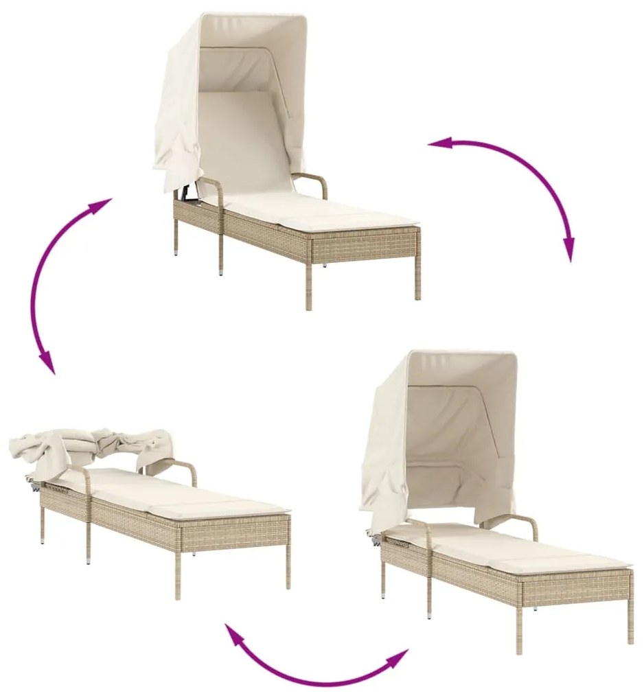 Espreguiçadeiras com toldos e mesa 2 pcs vime PE bege