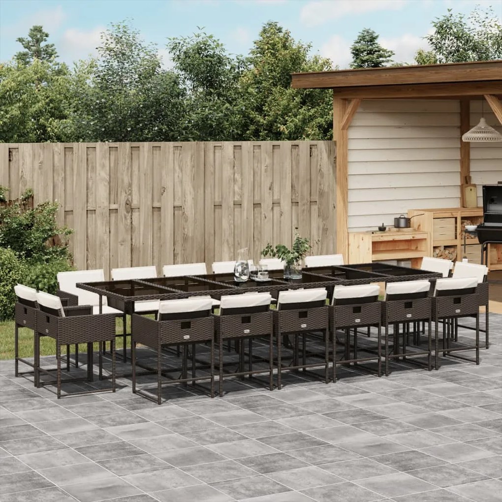 17 pcs conjunto jantar p/ jardim c/ almofadões vime PE castanho