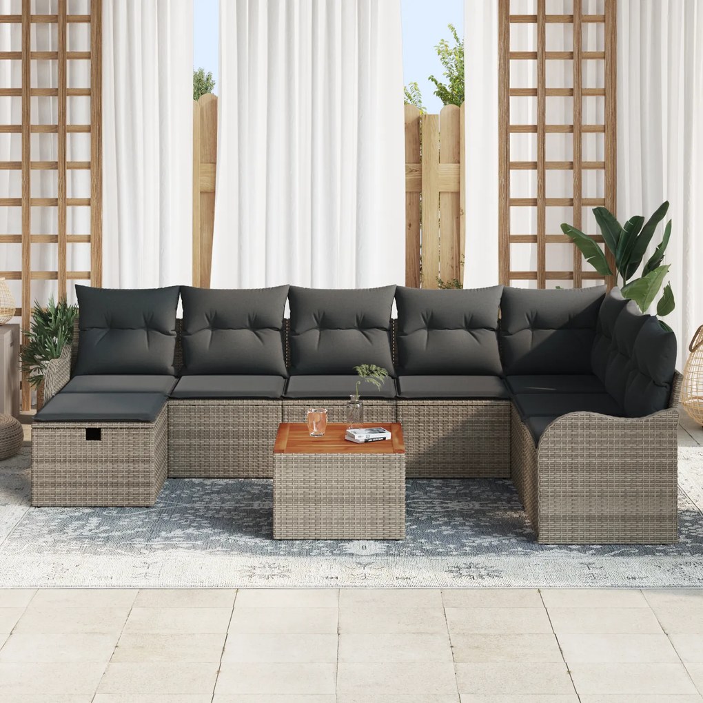 Conjunto de Sofá de Jardim com Almofadas Cinza Rattan de Polietileno