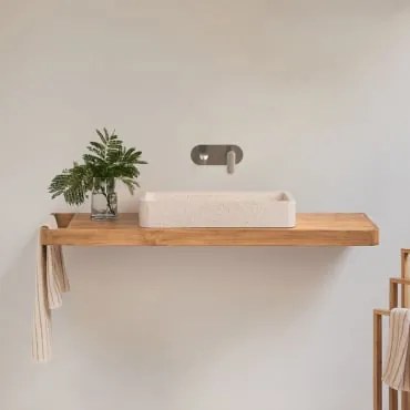 Conjunto De Móvel De Casa De Banho 130x45 Cm Suspenso Em Madeira De Teca Neill Madeira De Teca & Sem Espelho & Cinzento Escovado Para Pia Embutida Com