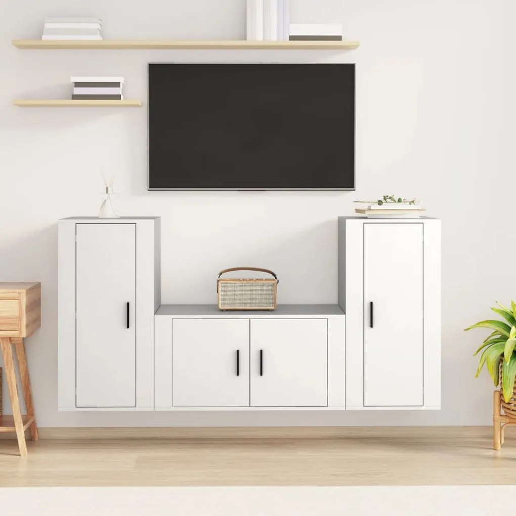 vidaXL Conjunto móveis de TV 3 pcs madeira processada branco