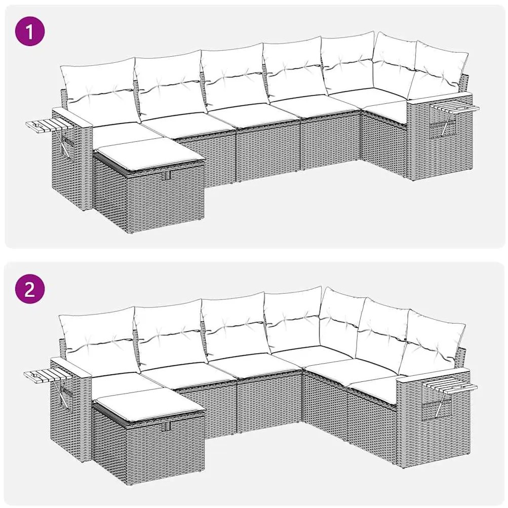 7 pcs conjunto sofás p/ jardim c/ almofadões vime PE cinzento