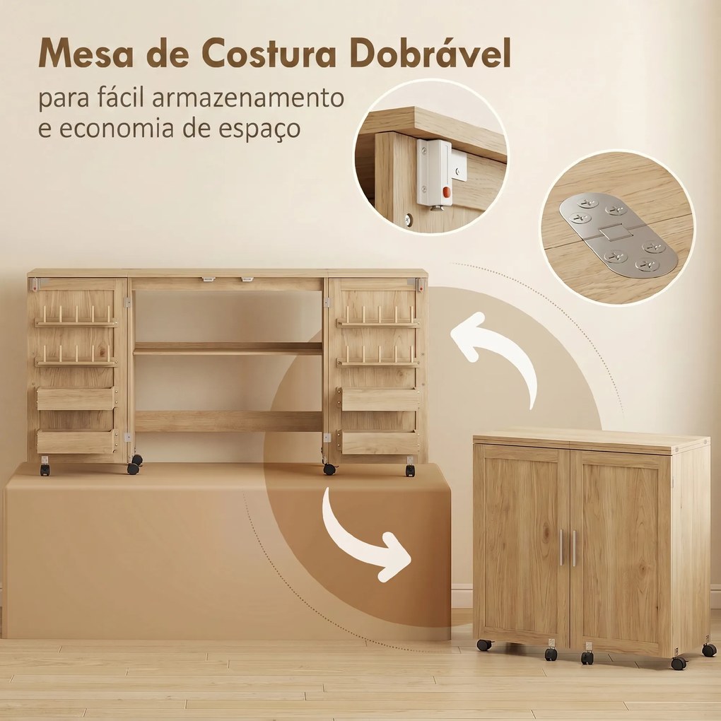 Mesa de Costura Dobrável com 6 Rodas 20 Pinos para Linhas 4 Compartimentos Prateleira Carvalho