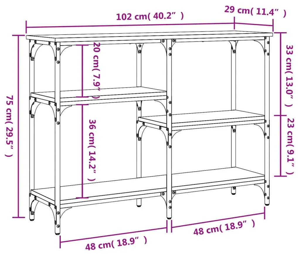 Mesa consola 102x29x75 cm derivados madeira carvalho castanho