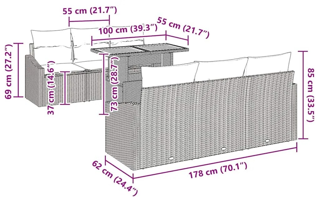 Conjunto de Jantar de Jardim com 7 Peças e Almofadas em Rattan Preto e