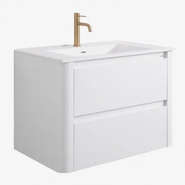 Conjunto De Móvel De Casa De Banho Suspenso 80x50 Cm Em Madeira Com Lavatório Integrado Egerton Branco & Sem Espelho & Dourado Escovado ↑20 Cm Com Vál