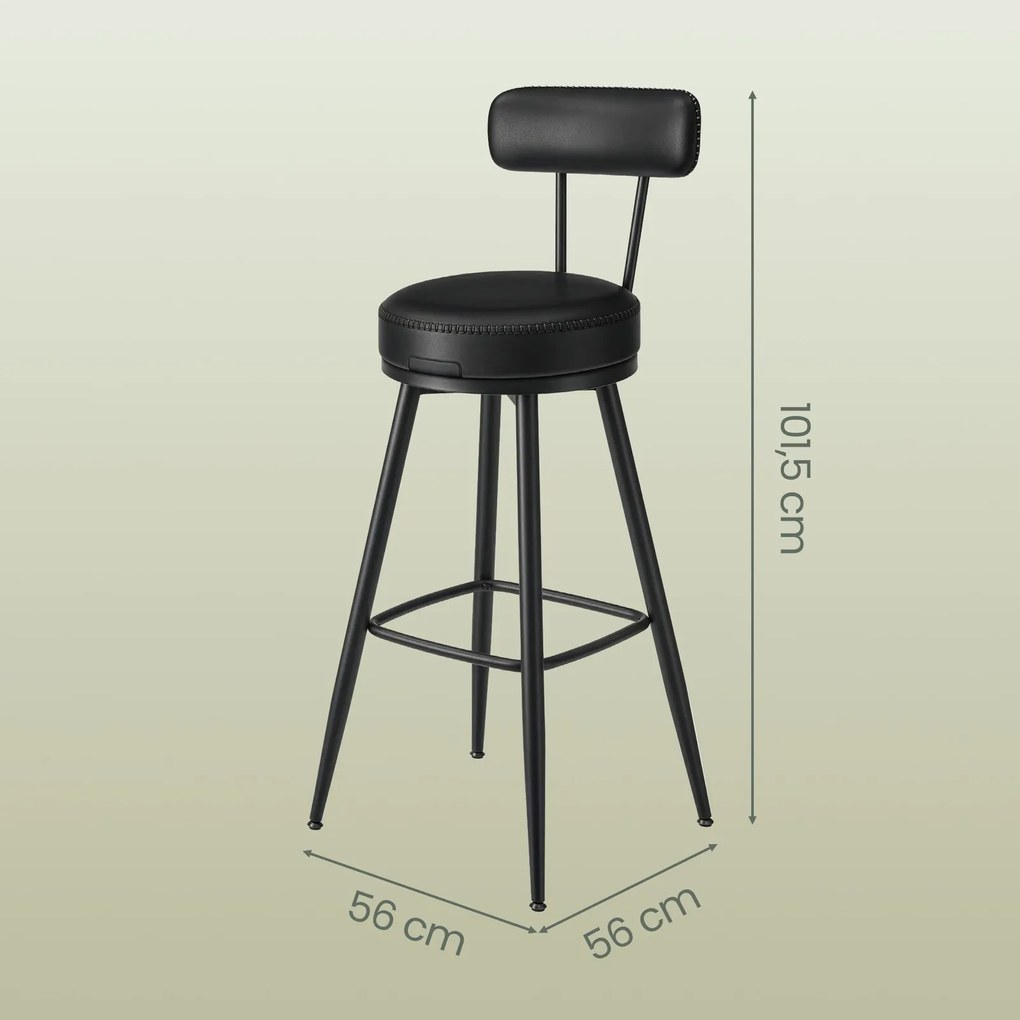 Conjunto de 2 bancos altos giratórios com encosto, couro sintético 56 x 56 x 101,5 cm preto