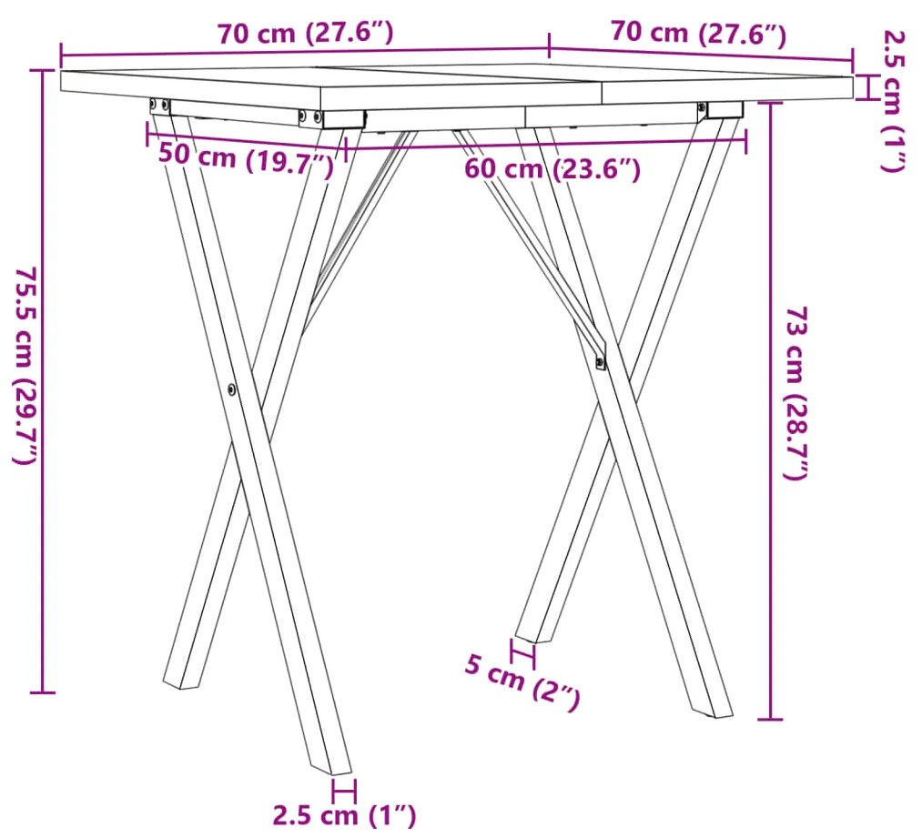 Mesa de jantar estrutura em X 70x70x75,5 cm pinho/aço