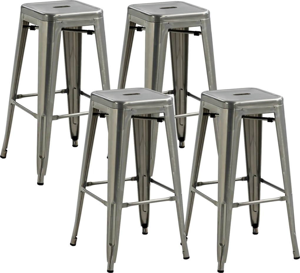 HOMCOM Conjunto de 4 Bancos de Bar Industrial Design Empilhável com Apoio para Pés Metal 43x43x76 cm Prata | Aosom Portugal
